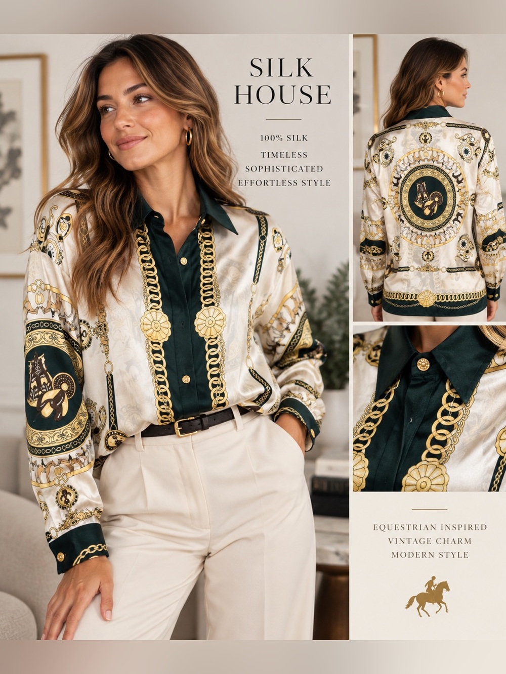 Silk House 100% Silk Equestrian Chain Print Button Down Blouse L/XL